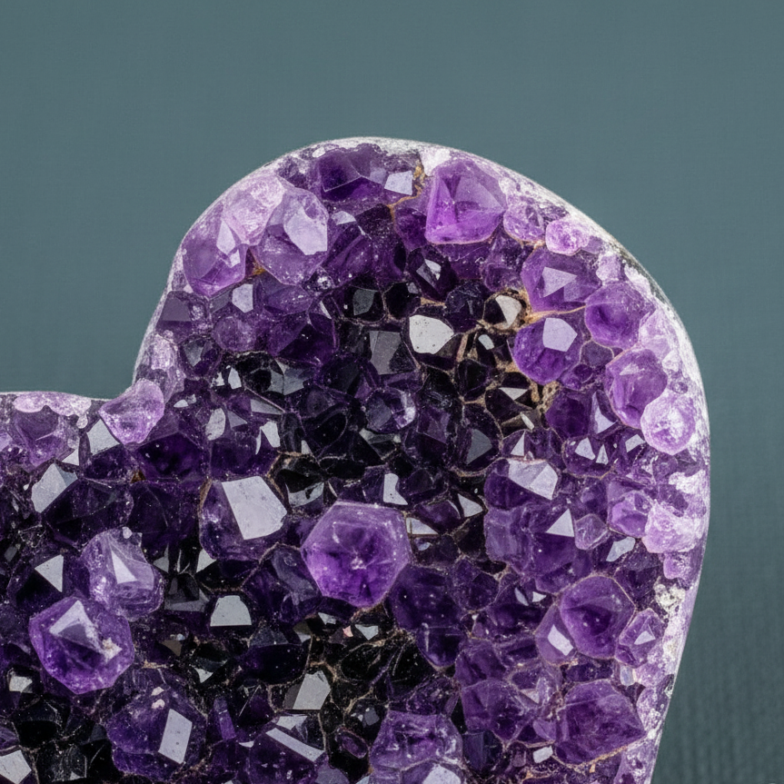 A close-up view of a heart-shaped Uruguayan amethyst cluster highlighting deep violet crystal points and natural stone texture against a muted teal backdrop. — for Carpe Diem Dream