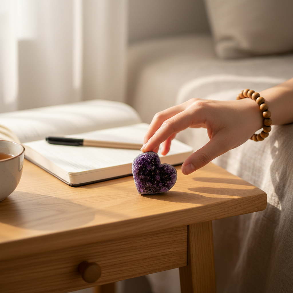 A heart-shaped Uruguayan amethyst cluster gently held by hand on a bedside table beside an open journal, creating a quiet and reflective daily ritual moment. — for Carpe Diem Dream