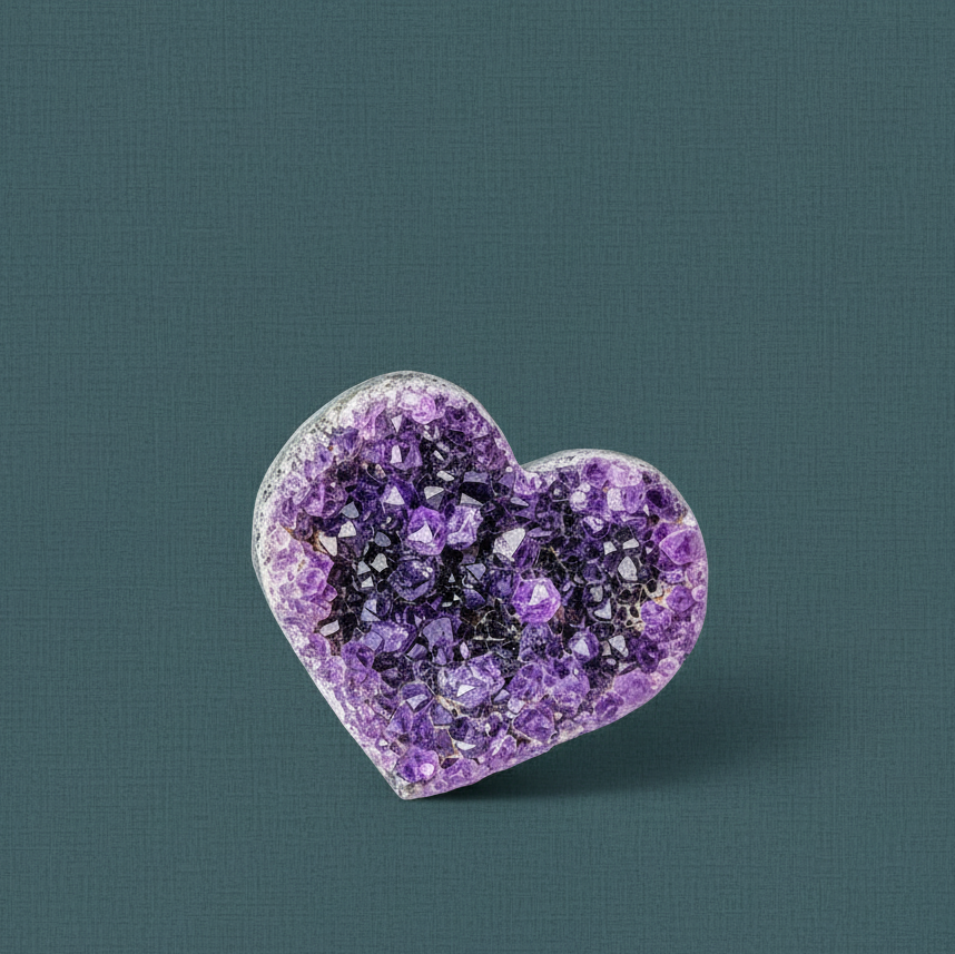 A heart-shaped Uruguayan amethyst cluster with deep violet crystal points displayed against a muted teal textured background. — for Carpe Diem Dream