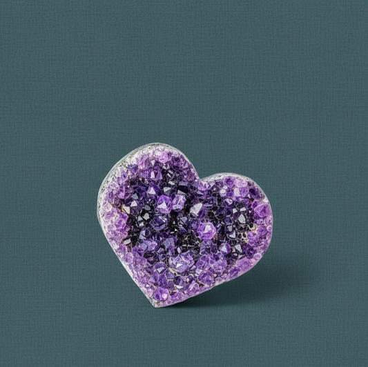A heart-shaped Uruguayan amethyst cluster with deep violet crystal points displayed against a muted teal textured background. — for Carpe Diem Dream
