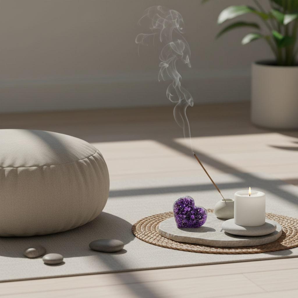 A heart-shaped Uruguayan amethyst cluster displayed on a light stone surface with a lit candle, incense smoke, and meditation cushion in a calm studio meditation setting. — for Carpe Diem Dream