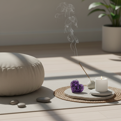 A heart-shaped Uruguayan amethyst cluster displayed on a light stone surface with a lit candle, incense smoke, and meditation cushion in a calm studio meditation setting. — for Carpe Diem Dream