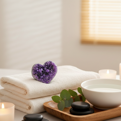A heart-shaped Uruguayan amethyst cluster resting on folded spa towels beside candles, smooth stones, and a ceramic bowl in a serene spa retreat setting. — for Carpe Diem Dream
