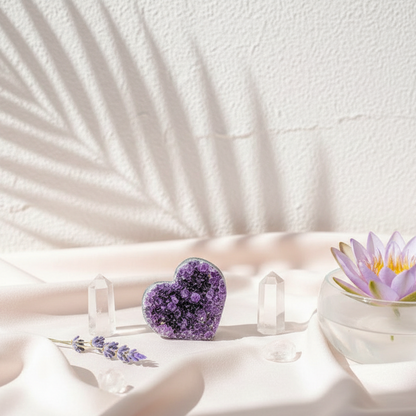 A heart-shaped Uruguayan amethyst cluster displayed on soft draped fabric with clear quartz points, lavender sprigs, and a lotus flower in a serene studio botanical setting. — for Carpe Diem Dream