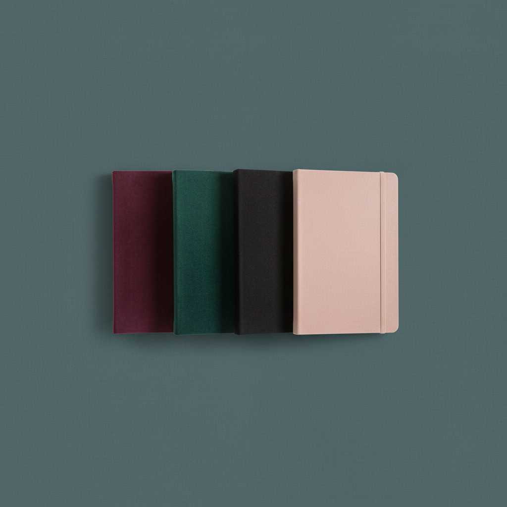 Four velvet hard cover journals in maroon, forest green, black, and blush pink displayed upright on a muted teal background. — for Carpe Diem Dream