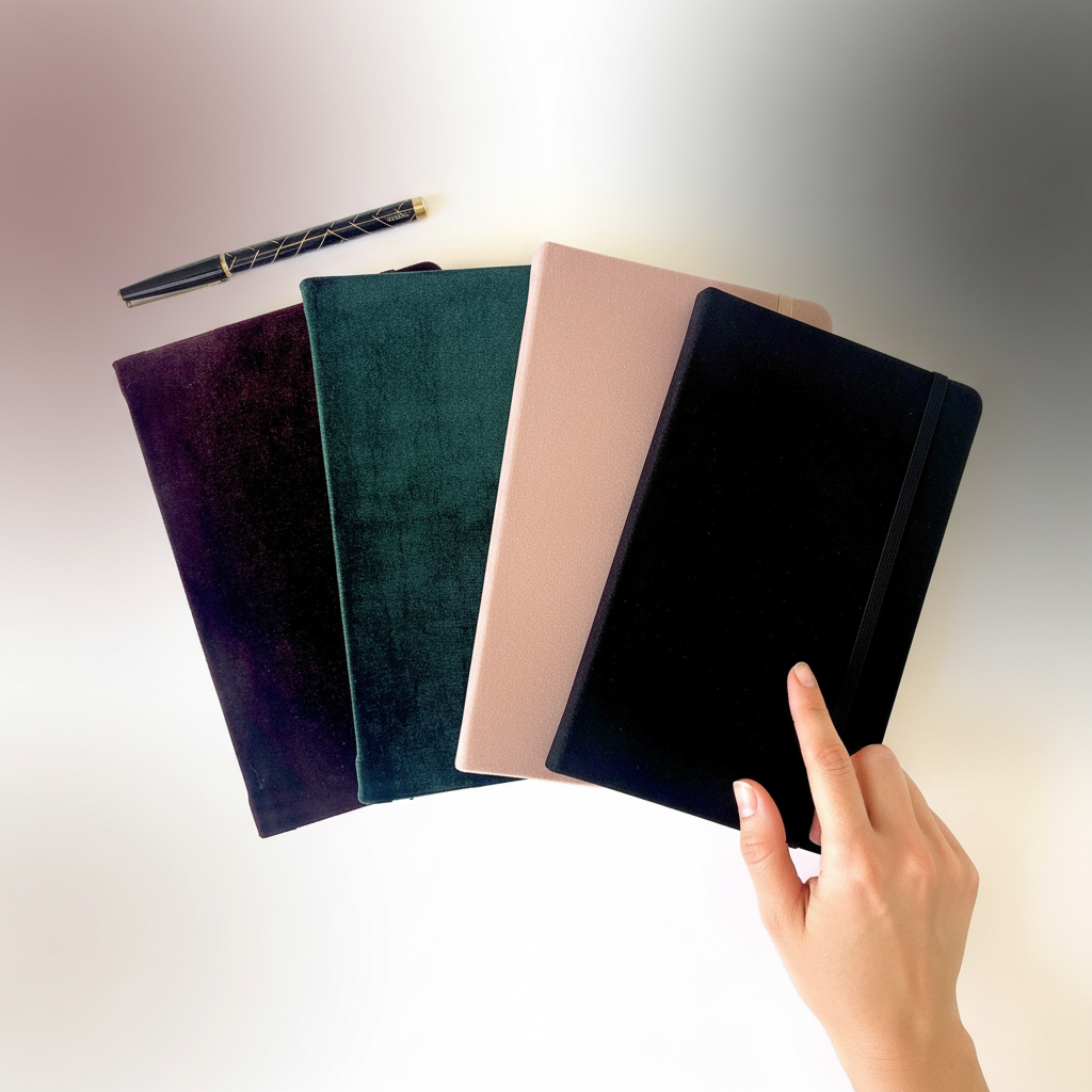 Four velvet hard cover journals in maroon, forest green, blush pink, and black fanned out beside a hand pointing to one journal to show size and scale. — for Carpe Diem Dream