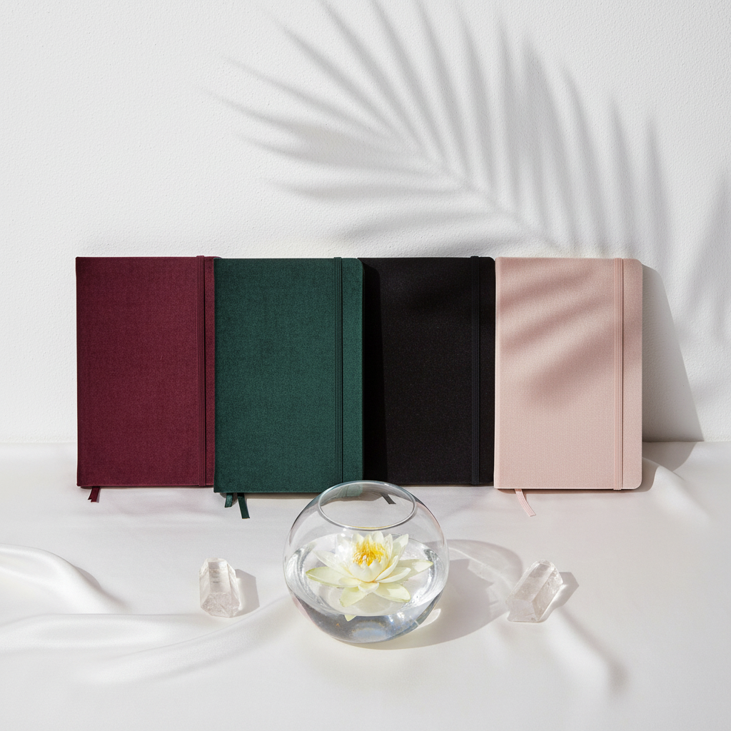Four velvet hard cover journals in maroon, forest green, black, and blush pink arranged beside a lotus flower in a glass bowl and clear crystals in a soft botanical setting. — for Carpe Diem Dream
