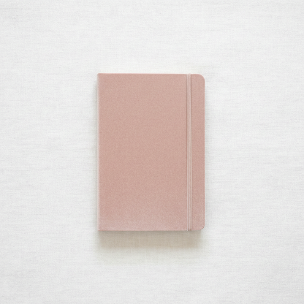 A blush pink velvet hard cover journal with an elastic band closure displayed upright on a clean neutral background. — for Carpe Diem Dream