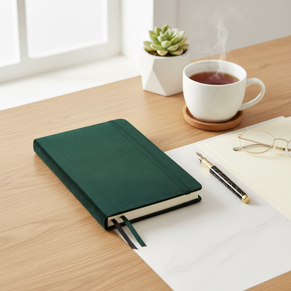 A dark green velvet hard cover journal resting on a wooden desk beside a pen, open notebook, and a cup of tea creating a calm workspace scene. — for Carpe Diem Dream