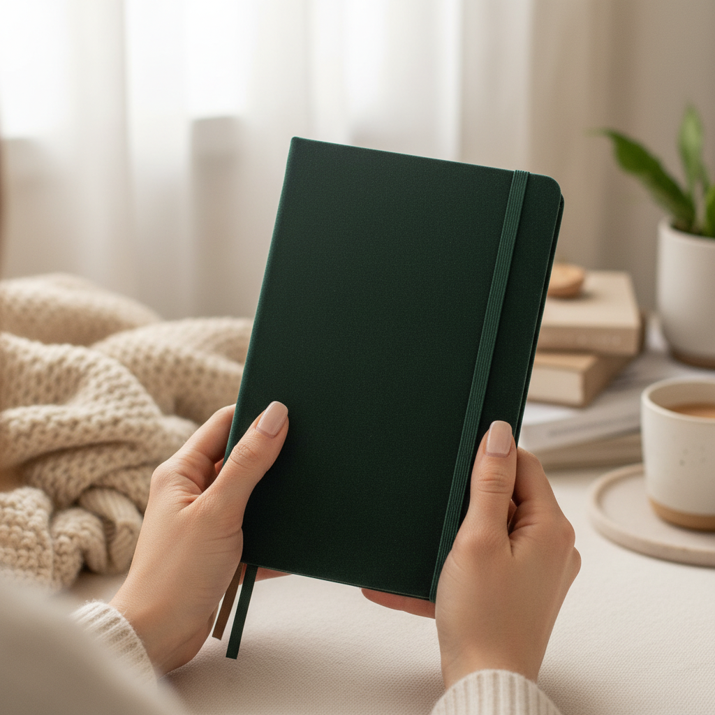 A dark green velvet hard cover journal with an elastic band held in two hands in a cozy reading and journaling setting with books and a cup of coffee. — for Carpe Diem Dream