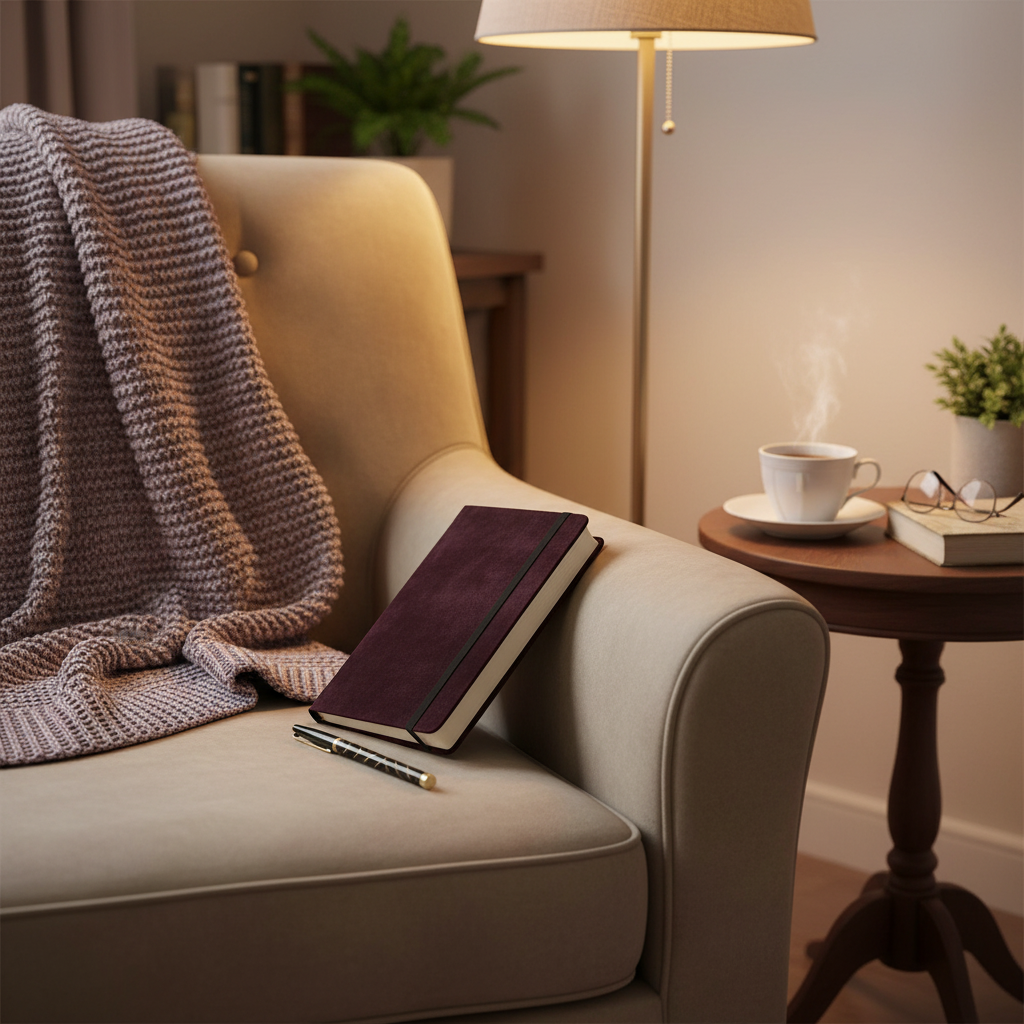 A velvet hard cover journal resting on a cozy armchair beside a pen and warm tea under soft lamp light creating a peaceful reading and reflection scene. — for Carpe Diem Dream