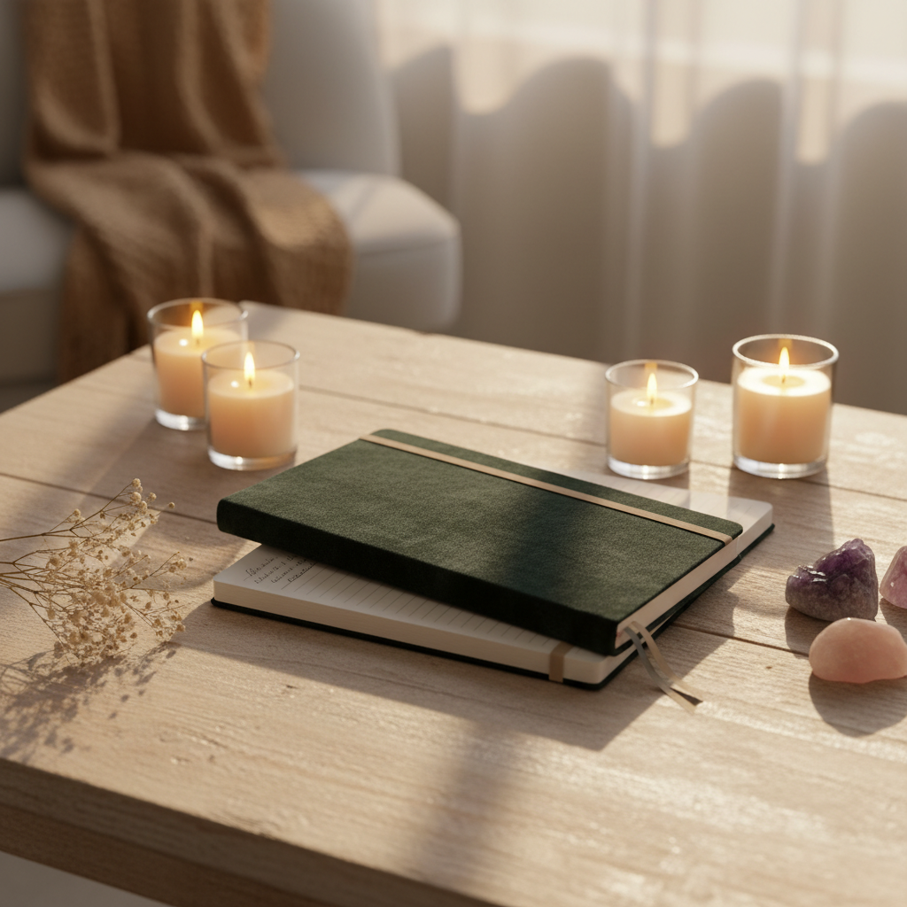 A dark green velvet hard cover journal resting on stacked notebooks beside glowing candles and crystals on a wooden table in a warm manifestation ritual setting. — for Carpe Diem Dream