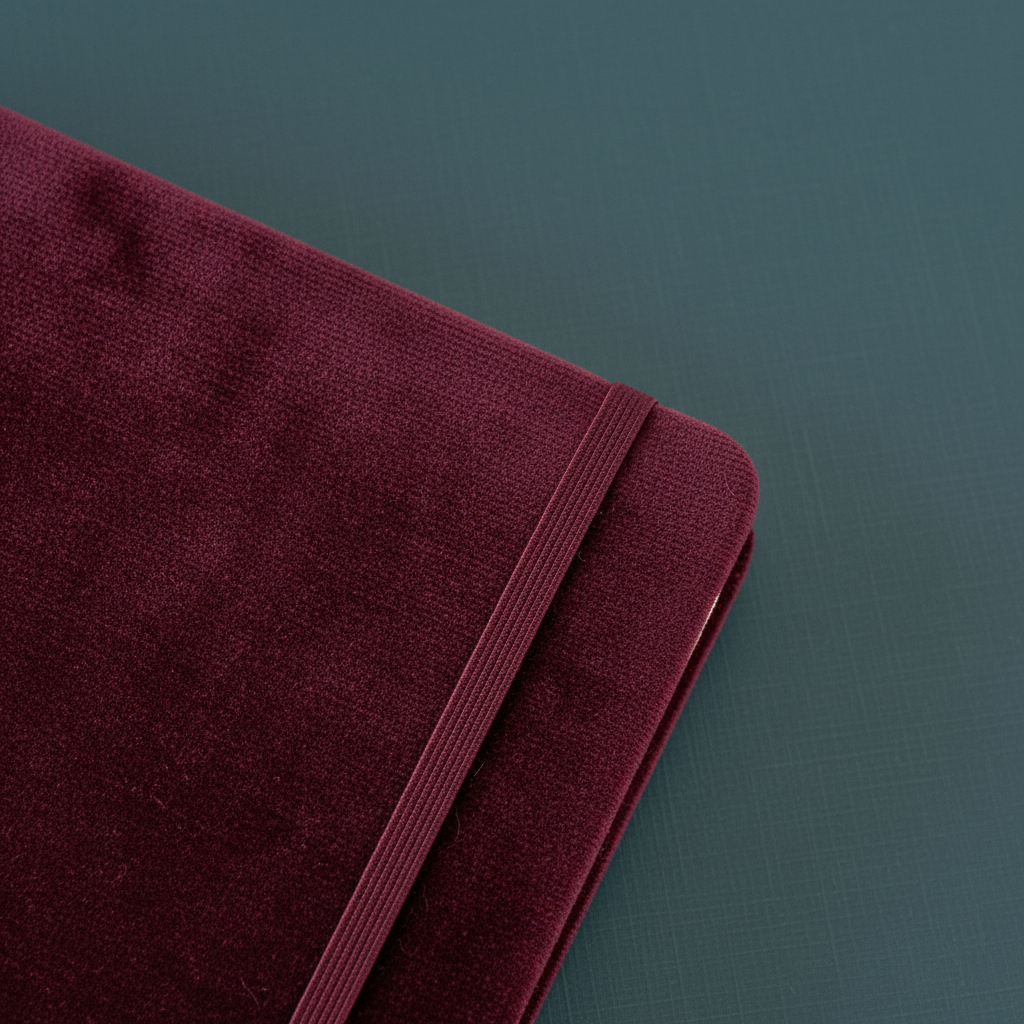 A close-up view of a maroon velvet hard cover journal showing the soft fabric texture and elastic band on a muted teal background. — for Carpe Diem Dream