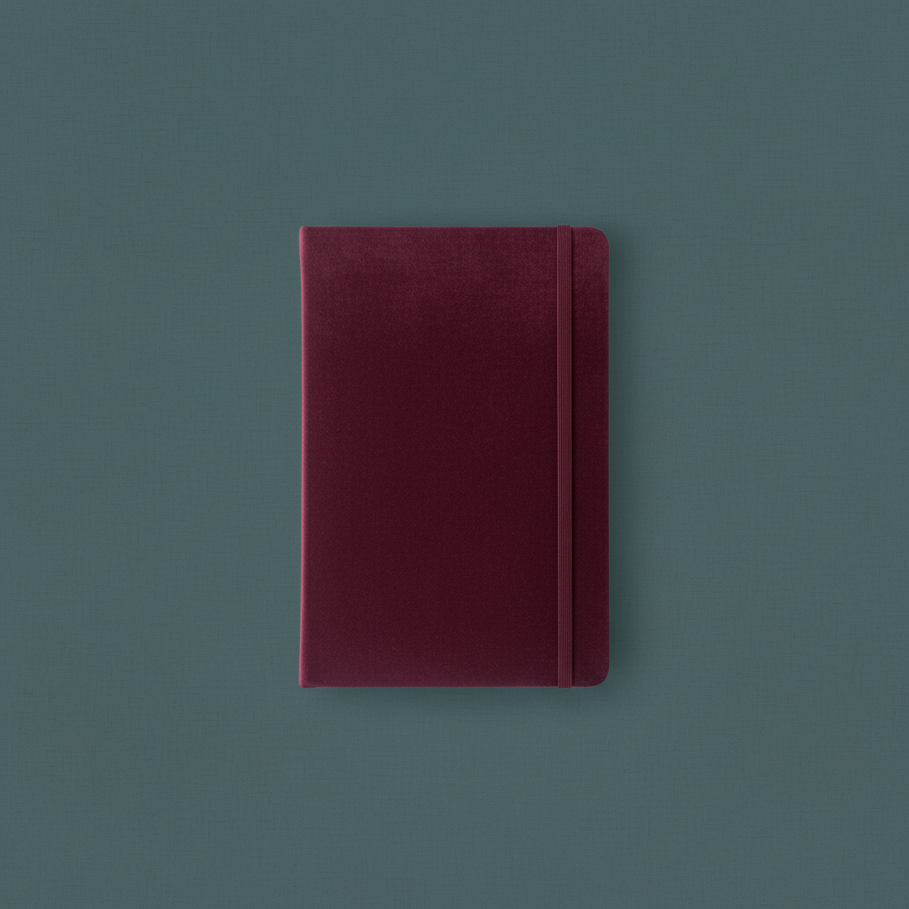 A maroon velvet hard cover journal with an elastic band closure displayed upright against a clean neutral background. — for Carpe Diem Dream