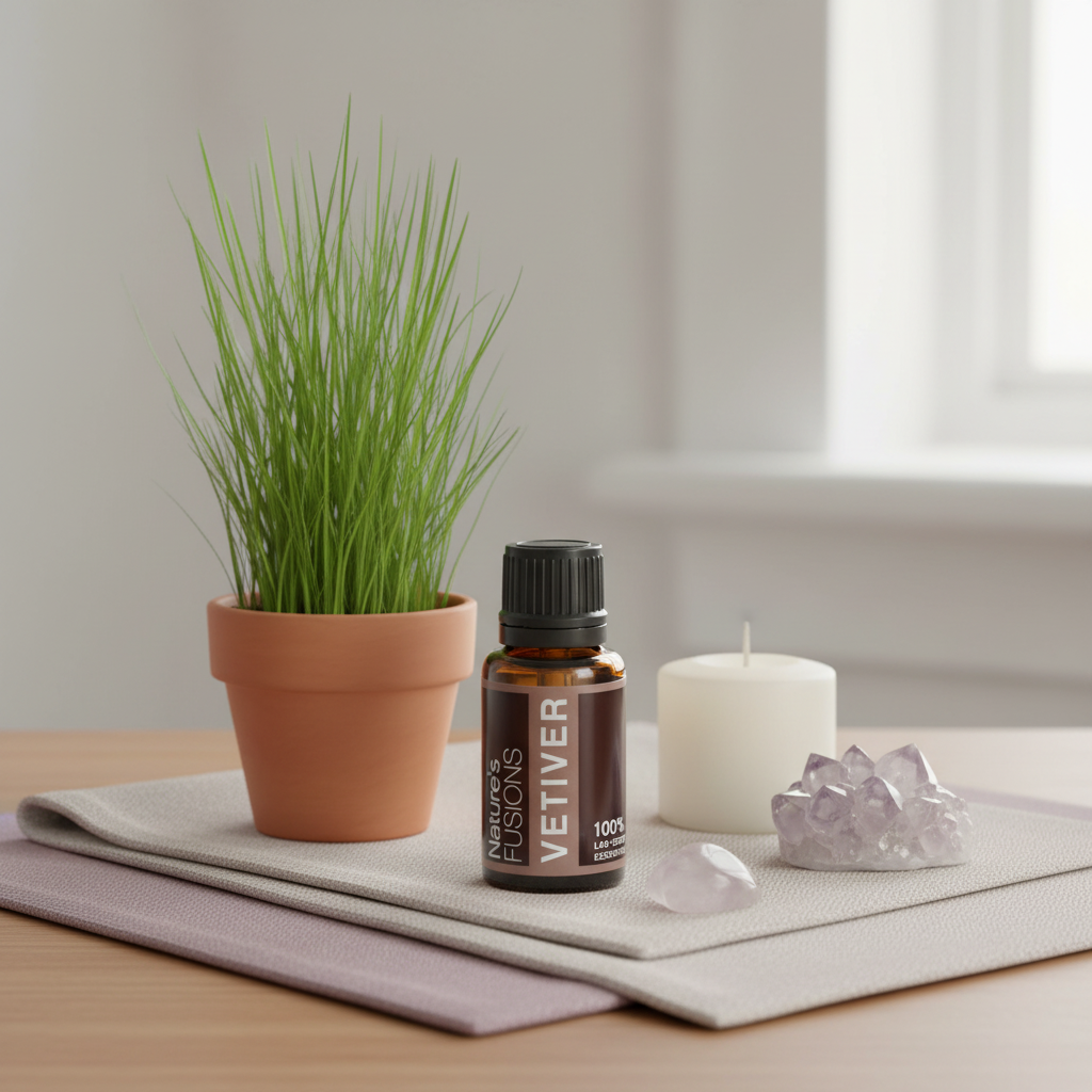 Amber glass bottle of Vetiver Essential Oil styled on folded neutral linens beside potted green grass plant, white candle, and clear crystal cluster in soft natural light. — for Carpe Diem Dream