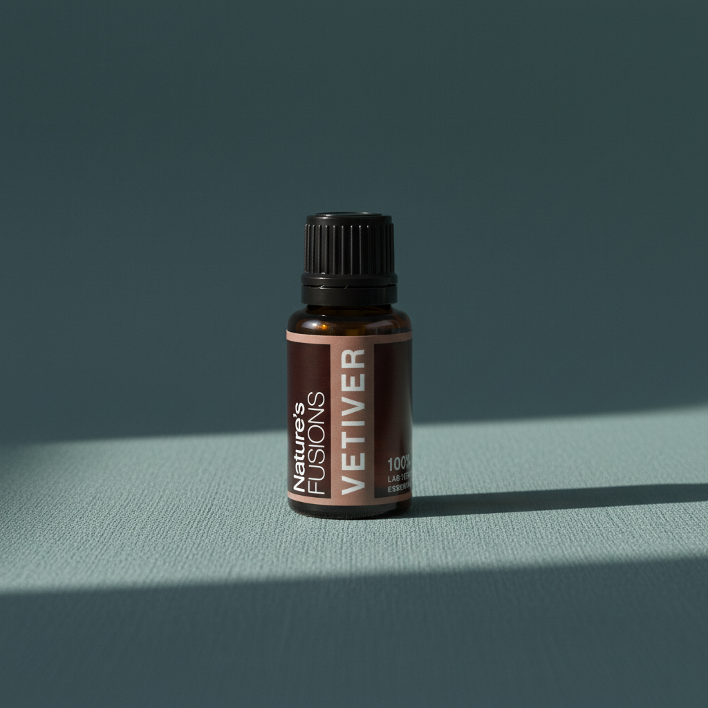Amber glass bottle of Vetiver Essential Oil standing upright on muted teal textured background with soft directional shadow. — for Carpe Diem Dream