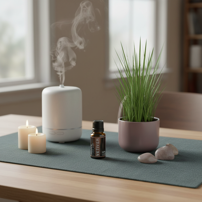 Amber glass bottle of Vetiver Essential Oil placed on green mat beside white diffuser with visible mist, lit candles, potted grass plant, and smooth stones in soft natural light. — for Carpe Diem Dream
