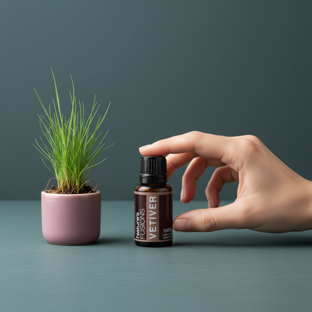 Amber glass bottle of Vetiver Essential Oil shown beside a hand for size reference next to small potted green grass plant on muted teal background. — for Carpe Diem Dream