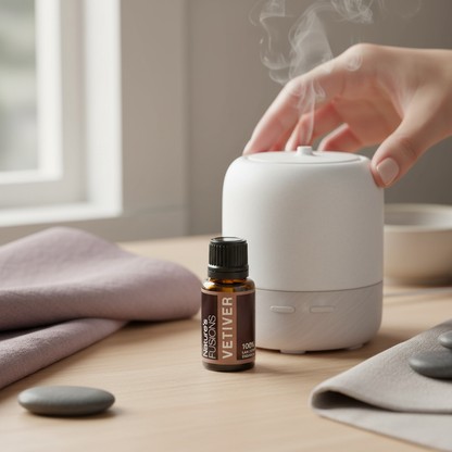 Amber glass bottle of Vetiver Essential Oil placed beside a white essential oil diffuser with visible mist on wooden surface in soft natural light. — for Carpe Diem Dream