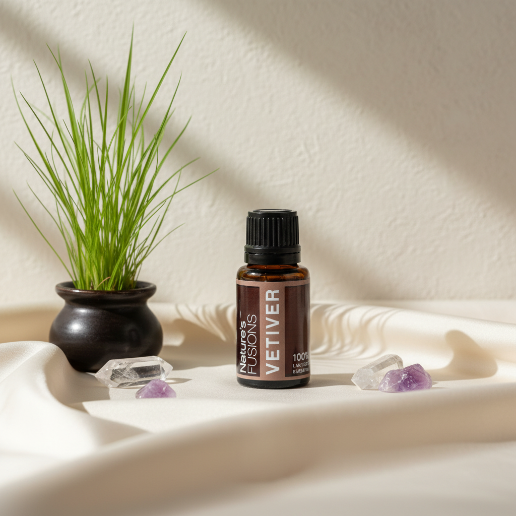 Amber glass bottle of Vetiver Essential Oil styled on soft neutral fabric with green grass plant and clear and purple crystals in warm natural light. — for Carpe Diem Dream