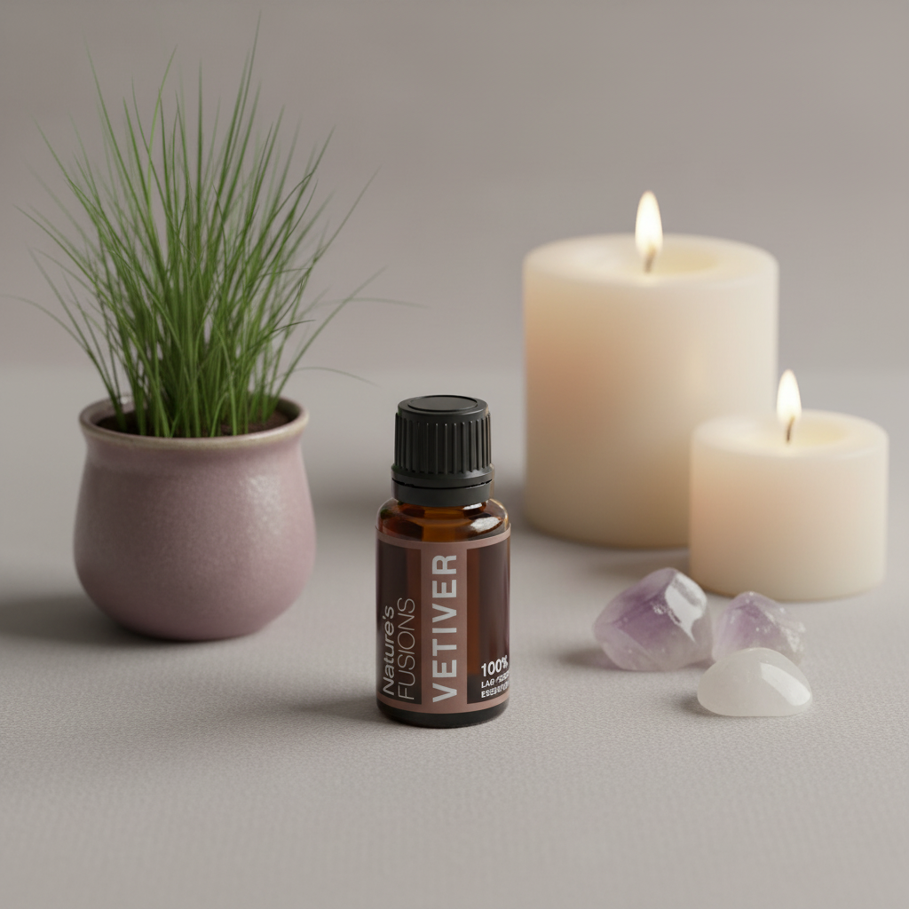 Amber glass bottle of Vetiver Essential Oil styled beside lit cream candles, green grass plant, and small crystal stones on neutral surface in soft light. — for Carpe Diem Dream