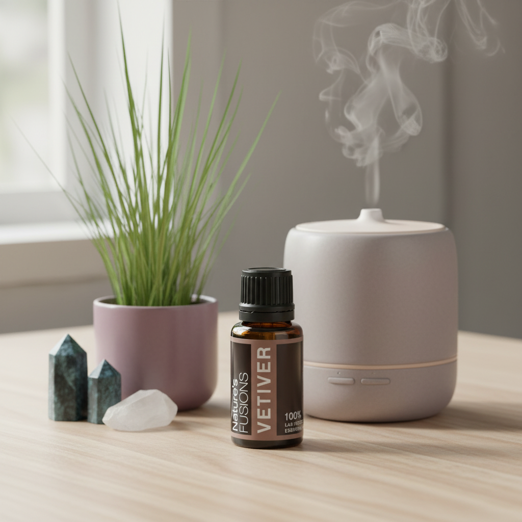 Amber glass bottle of Vetiver Essential Oil placed beside white diffuser with visible mist, green grass plant, and crystal stones on wooden surface in soft natural light. — for Carpe Diem Dream