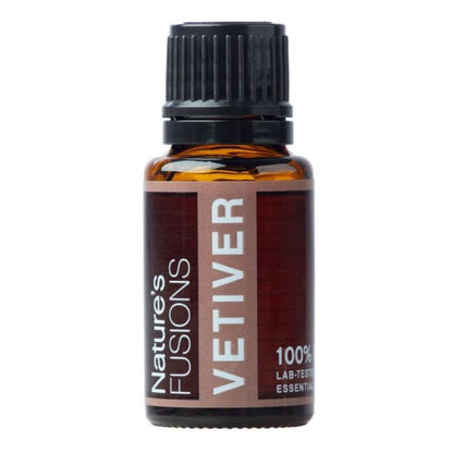 Amber glass bottle of Vetiver Essential Oil with black ribbed cap and maroon label on white background. — for Carpe Diem Dream