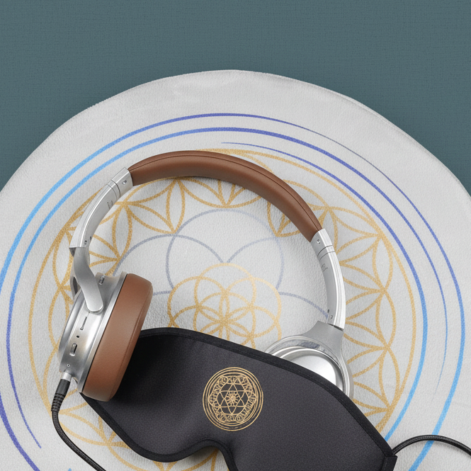 A close-up view of a vibroacoustic meditation cushion bundle showing the round zafu cushion with a gold lotus mandala, over-ear headphones resting on top, and a satin eye mask arranged on a muted sage background. — for Carpe Diem Dream