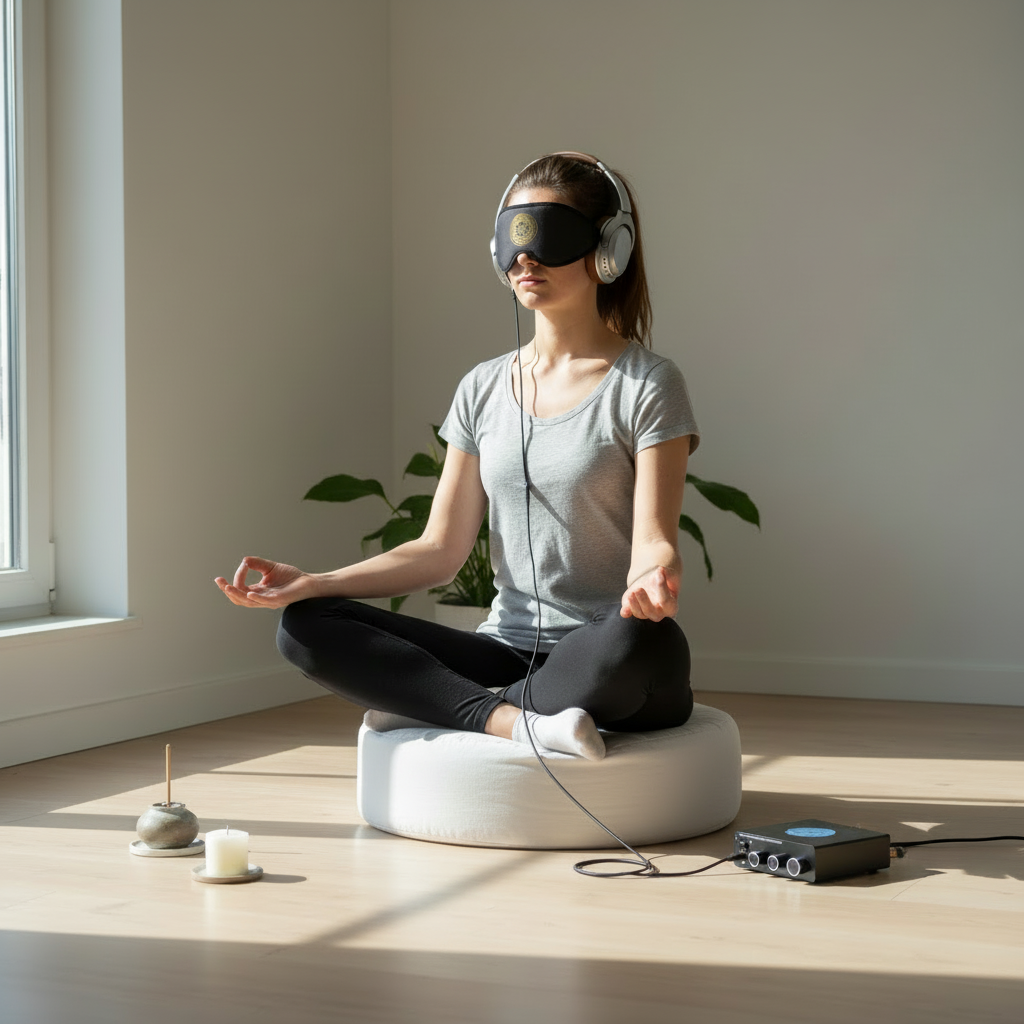 A vibroacoustic meditation cushion bundle shown in use with a person seated cross-legged on the cushion, wearing over-ear headphones and a satin eye mask, with a compact black amplifier on the floor beside a candle and incense holder in a sunlit room. — for Carpe Diem Dream
