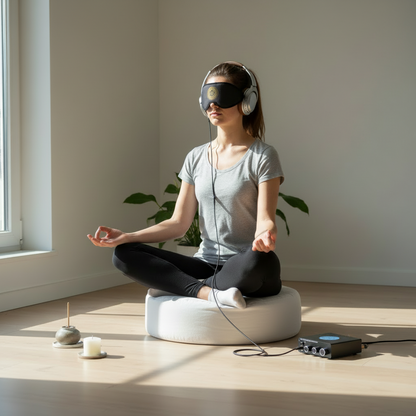 A vibroacoustic meditation cushion bundle shown in use with a person seated cross-legged on the cushion, wearing over-ear headphones and a satin eye mask, with a compact black amplifier on the floor beside a candle and incense holder in a sunlit room. — for Carpe Diem Dream