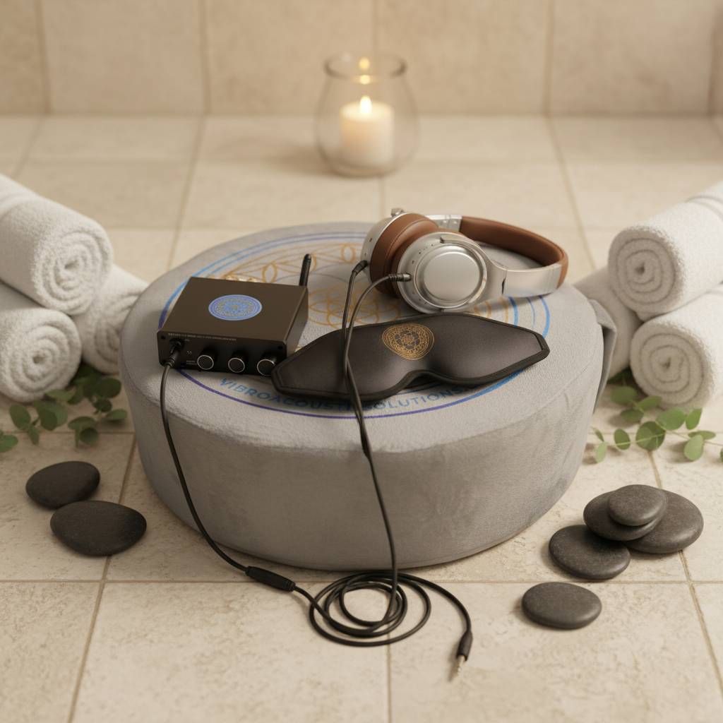 A vibroacoustic meditation cushion bundle arranged in a spa setting with rolled white towels, smooth black stones, a lit candle, and the amplifier, headphones, and eye mask resting on the cushion. — for Carpe Diem Dream