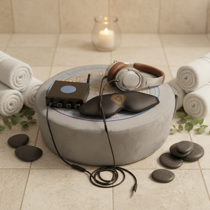 A vibroacoustic meditation cushion bundle arranged in a spa setting with rolled white towels, smooth black stones, a lit candle, and the amplifier, headphones, and eye mask resting on the cushion. — for Carpe Diem Dream