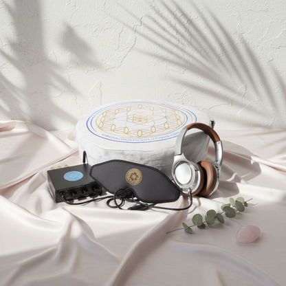 A vibroacoustic meditation cushion bundle arranged on soft fabric with botanical shadows, featuring a round zafu cushion with a gold lotus mandala, a compact black amplifier, over-ear headphones, and a satin eye mask. — for Carpe Diem Dream