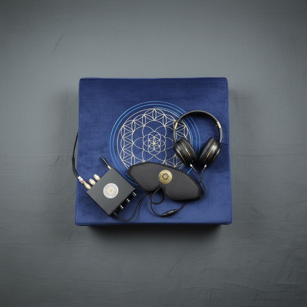 A vibroacoustic therapy zafu meditation cushion bundle featuring a blue cushion with a gold lotus mandala, a compact black amplifier, over-ear headphones, and a satin eye mask arranged on a soft gray studio background. — for Carpe Diem Dream