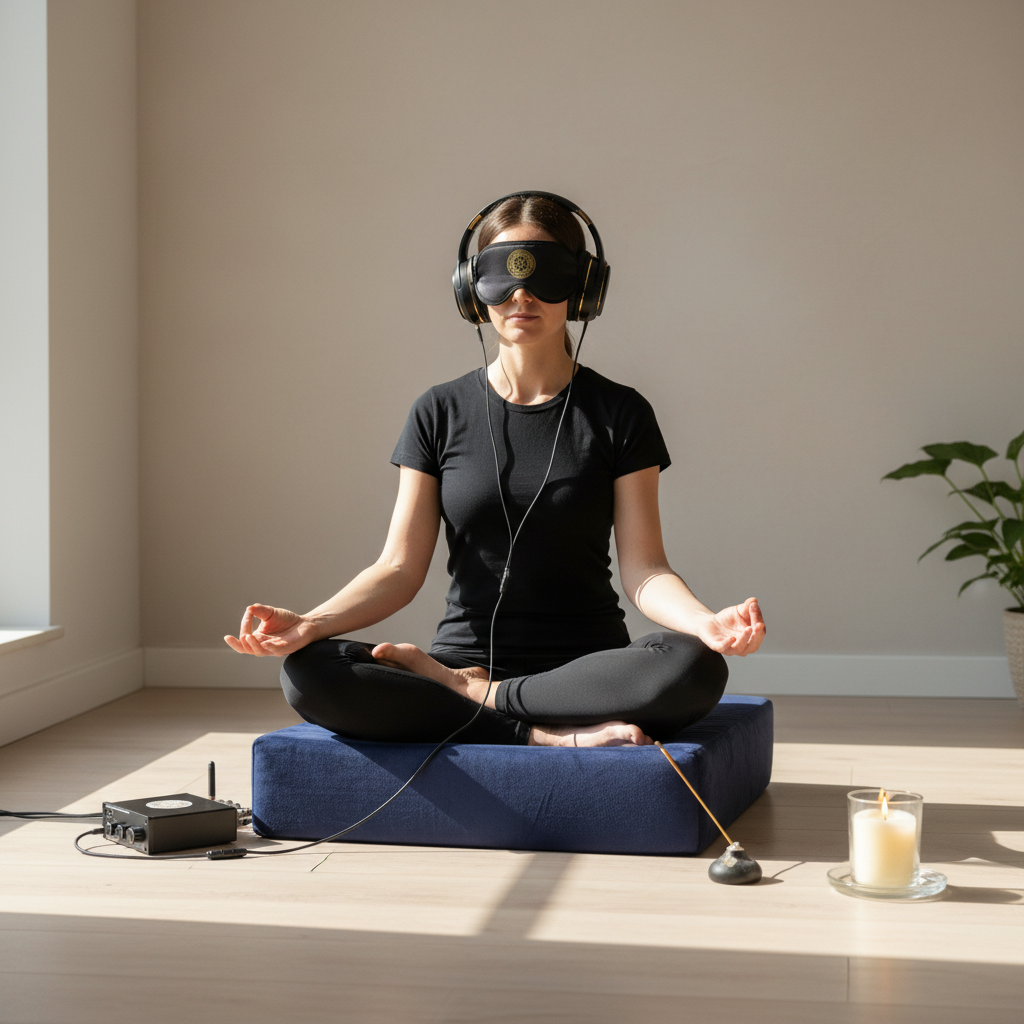 A vibroacoustic therapy zafu meditation cushion bundle featuring a navy cushion with a gold lotus mandala, a compact black amplifier, over-ear headphones, and a satin eye mask, shown with a woman meditating in a sunlit minimalist room with a visible cable connection. — for Carpe Diem Dream