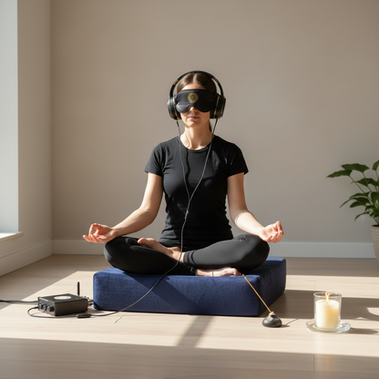A vibroacoustic therapy zafu meditation cushion bundle featuring a navy cushion with a gold lotus mandala, a compact black amplifier, over-ear headphones, and a satin eye mask, shown with a woman meditating in a sunlit minimalist room with a visible cable connection. — for Carpe Diem Dream