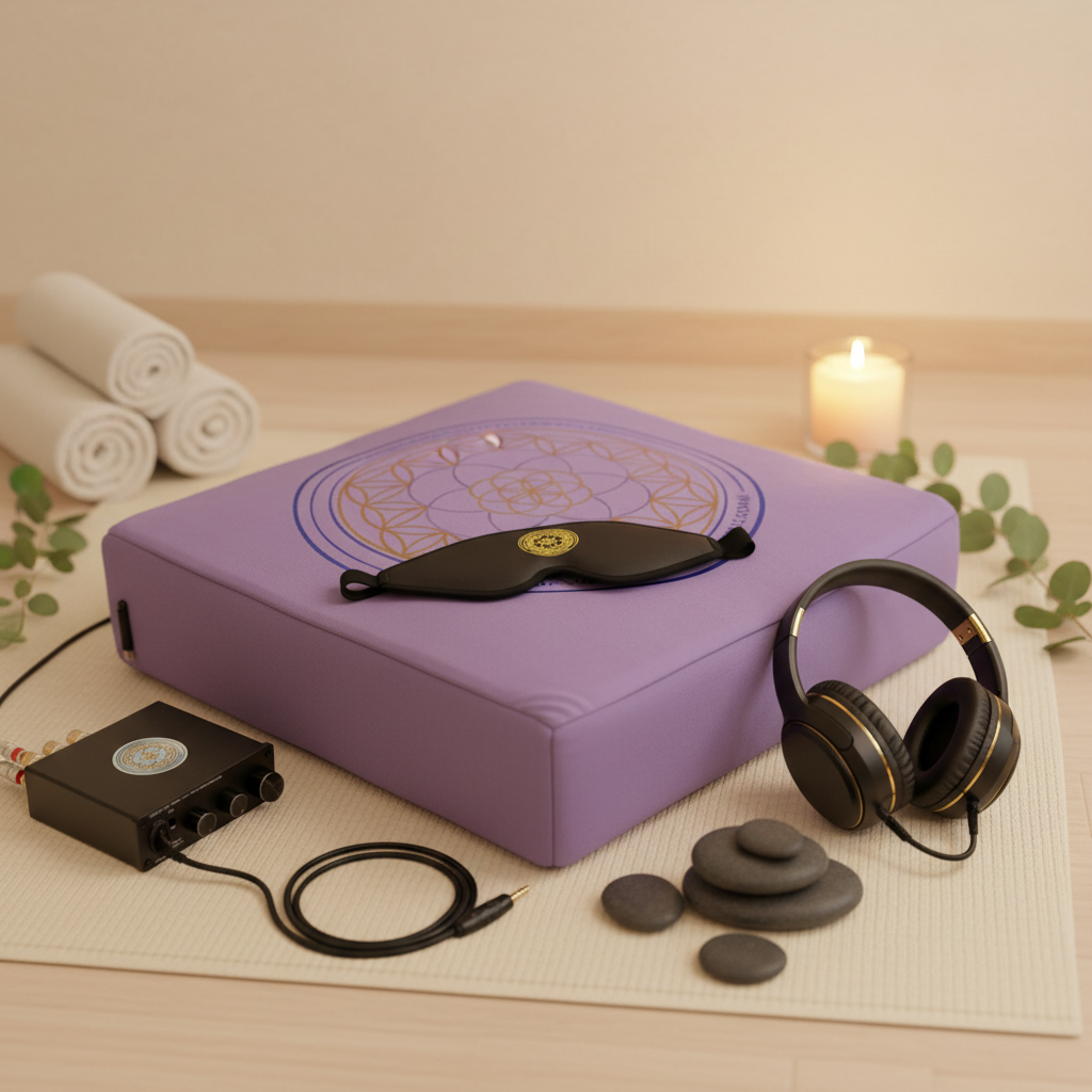 A vibroacoustic therapy zafu meditation cushion bundle featuring a lavender cushion with a gold lotus mandala, a compact black amplifier, over-ear headphones, and a satin eye mask arranged on a spa mat with candles, rolled towels, and eucalyptus accents. — for Carpe Diem Dream