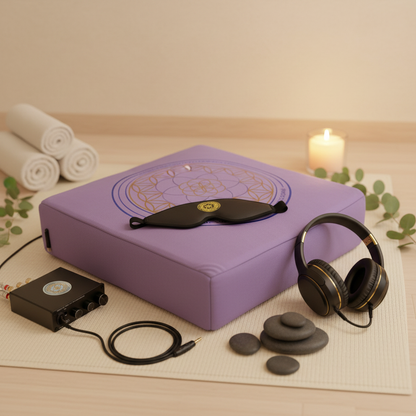 A vibroacoustic therapy zafu meditation cushion bundle featuring a lavender cushion with a gold lotus mandala, a compact black amplifier, over-ear headphones, and a satin eye mask arranged on a spa mat with candles, rolled towels, and eucalyptus accents. — for Carpe Diem Dream