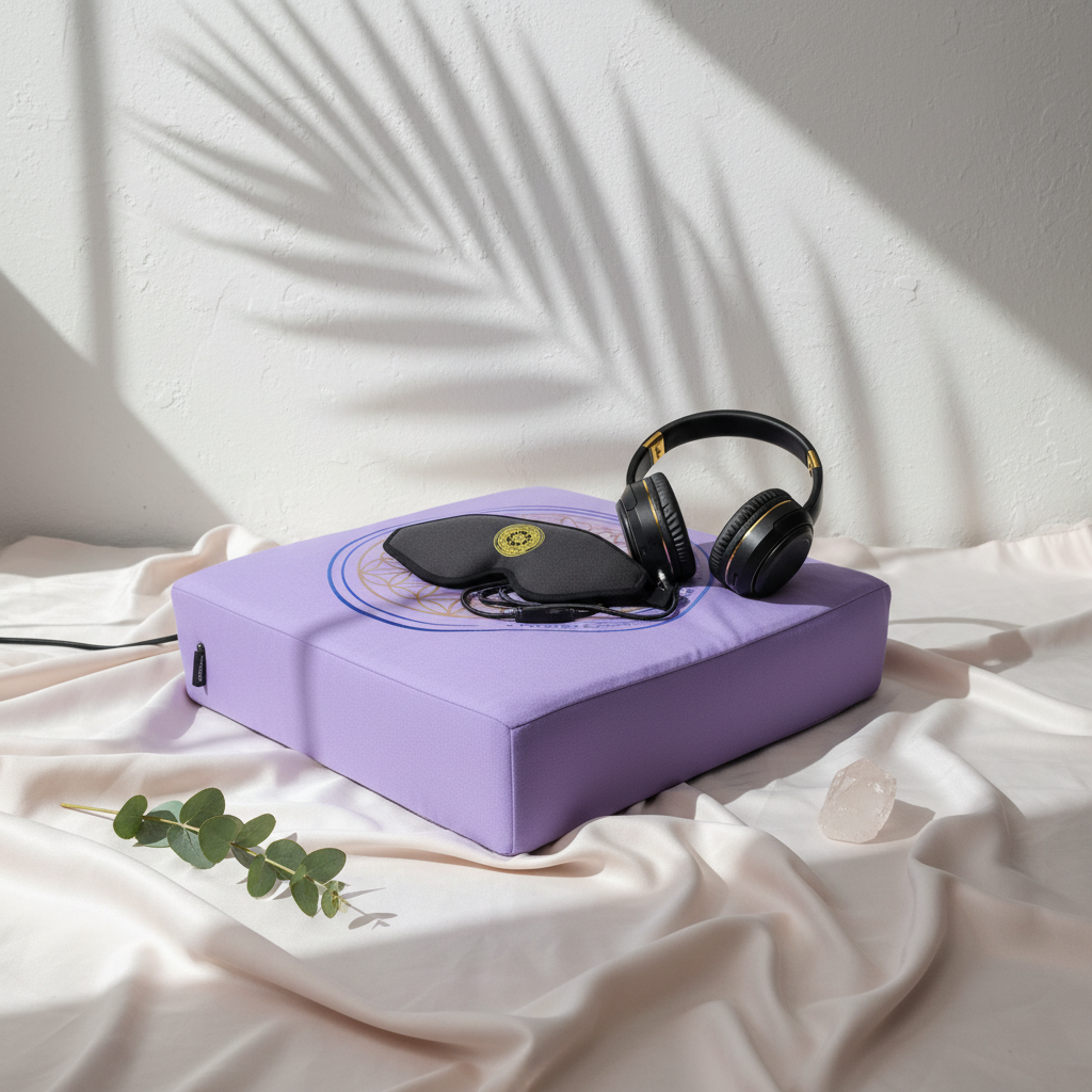 A vibroacoustic therapy zafu meditation cushion bundle featuring a lavender cushion with a gold lotus mandala, over-ear headphones, and a satin eye mask arranged on soft fabric with botanical shadows and eucalyptus accents. — for Carpe Diem Dream