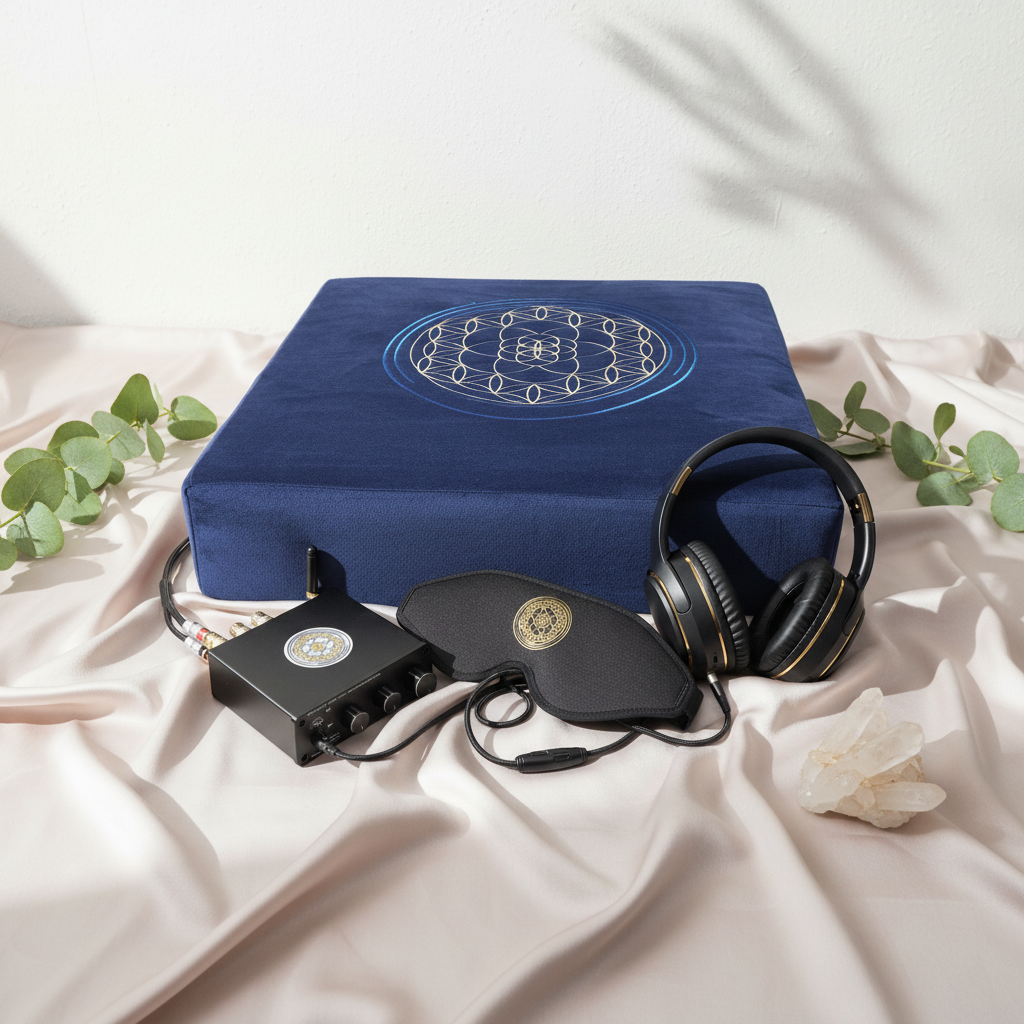 A vibroacoustic therapy zafu meditation cushion bundle featuring a navy cushion with a gold lotus mandala, a compact black amplifier, over-ear headphones, and a satin eye mask arranged on soft fabric with eucalyptus accents and a clear quartz crystal. — for Carpe Diem Dream