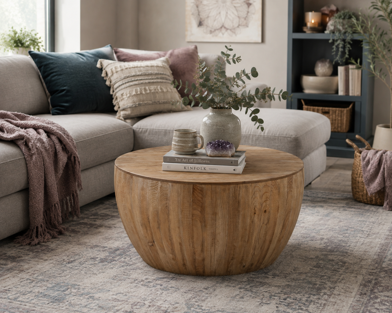 Vintage barrel storage coffee table styled in a calm living room with natural fir wood grain, books, ceramic mug, eucalyptus, mauve throw, dark teal accents, and soft CDD décor. — for Carpe Diem Dream