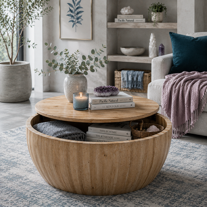 Vintage barrel storage coffee table shown with open hidden storage in a cool-toned living room with books, folded textiles, woven basket, eucalyptus, mauve throw, and dark teal accents. — for Carpe Diem Dream