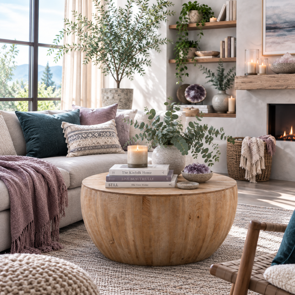 Vintage barrel storage coffee table styled in an aspirational living room with natural fir wood grain, books, eucalyptus, candle, amethyst, mauve textiles, dark teal accents, and soft CDD décor. — for Carpe Diem Dream