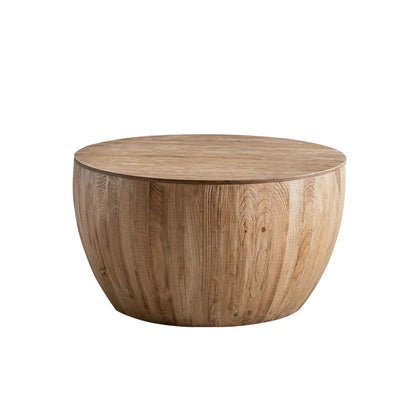 Large vintage barrel storage coffee table in natural fir wood, shown in the 31.5 inch wide by 17.72 inch high size with rounded wood grain design. — for Carpe Diem Dream