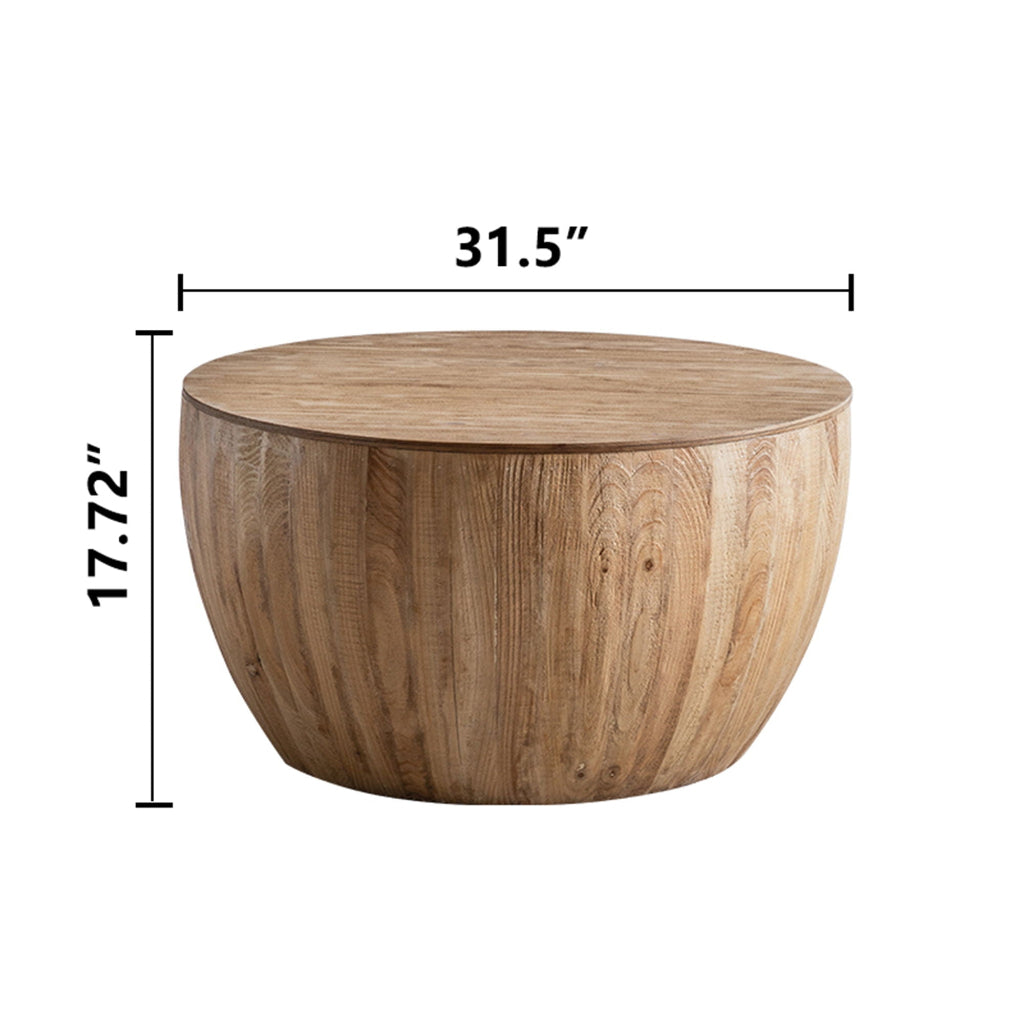 Large vintage barrel storage coffee table in natural fir wood, shown in the 31.5 inch wide by 17.72 inch high size with rounded wood grain design. — for Carpe Diem Dream