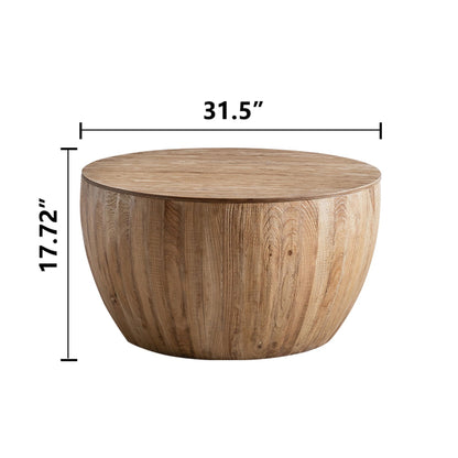 Large vintage barrel storage coffee table in natural fir wood, shown in the 31.5 inch wide by 17.72 inch high size with rounded wood grain design. — for Carpe Diem Dream