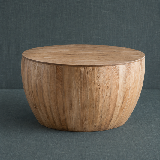Large vintage barrel storage coffee table in natural fir wood styled on a dark teal linen backdrop with rounded wood grain design. — for Carpe Diem Dream