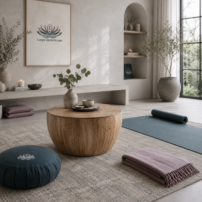 Vintage barrel storage coffee table styled in a peaceful yoga and meditation room with natural fir wood grain, dark teal cushion, mauve throw, yoga mat, botanicals, and soft CDD décor. — for Carpe Diem Dream