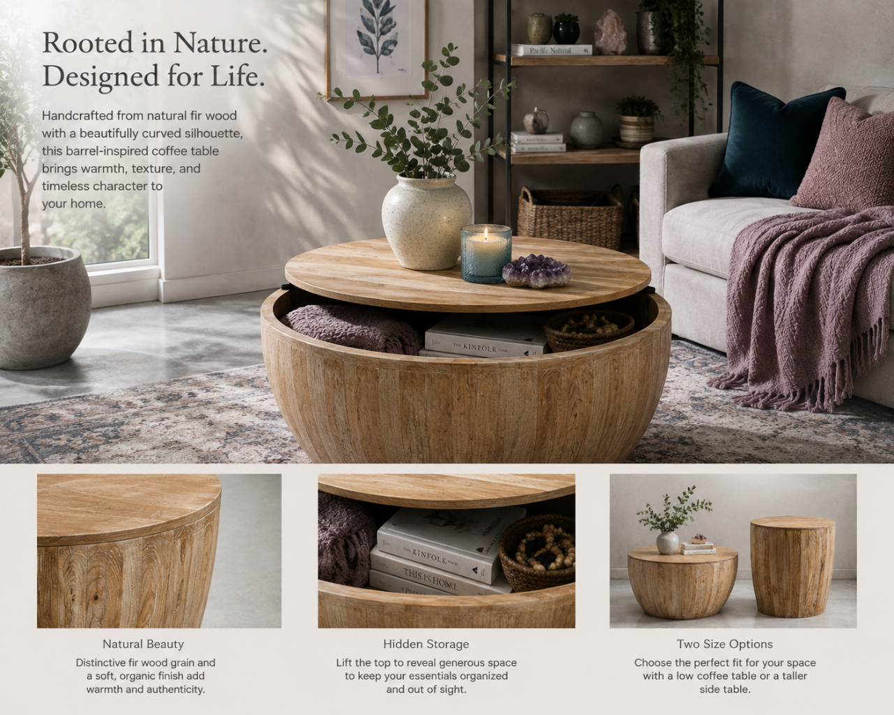 Vintage barrel storage coffee table styled in a signature story image with natural fir wood grain, open hidden storage, books, mauve textiles, eucalyptus, candle, crystals, and two size options. — for Carpe Diem Dream