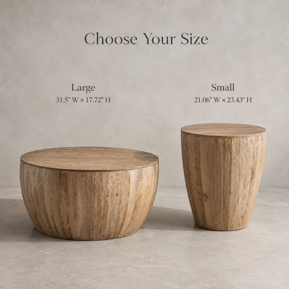 Vintage barrel storage coffee table shown in two size options with natural fir wood grain, including 31.5 inch wide by 17.72 inch high and 21.06 inch wide by 23.43 inch high variants. — for Carpe Diem Dream